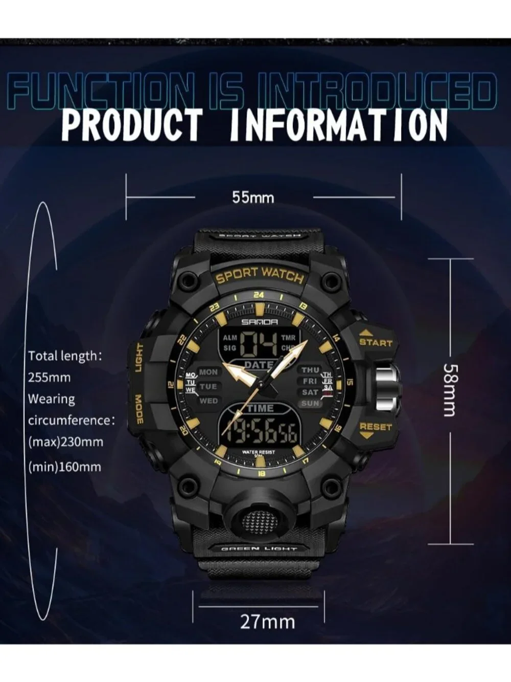 Men's Dark Blue White Analog Quartz S-Shock Waterproof Sports LED Digital Watch